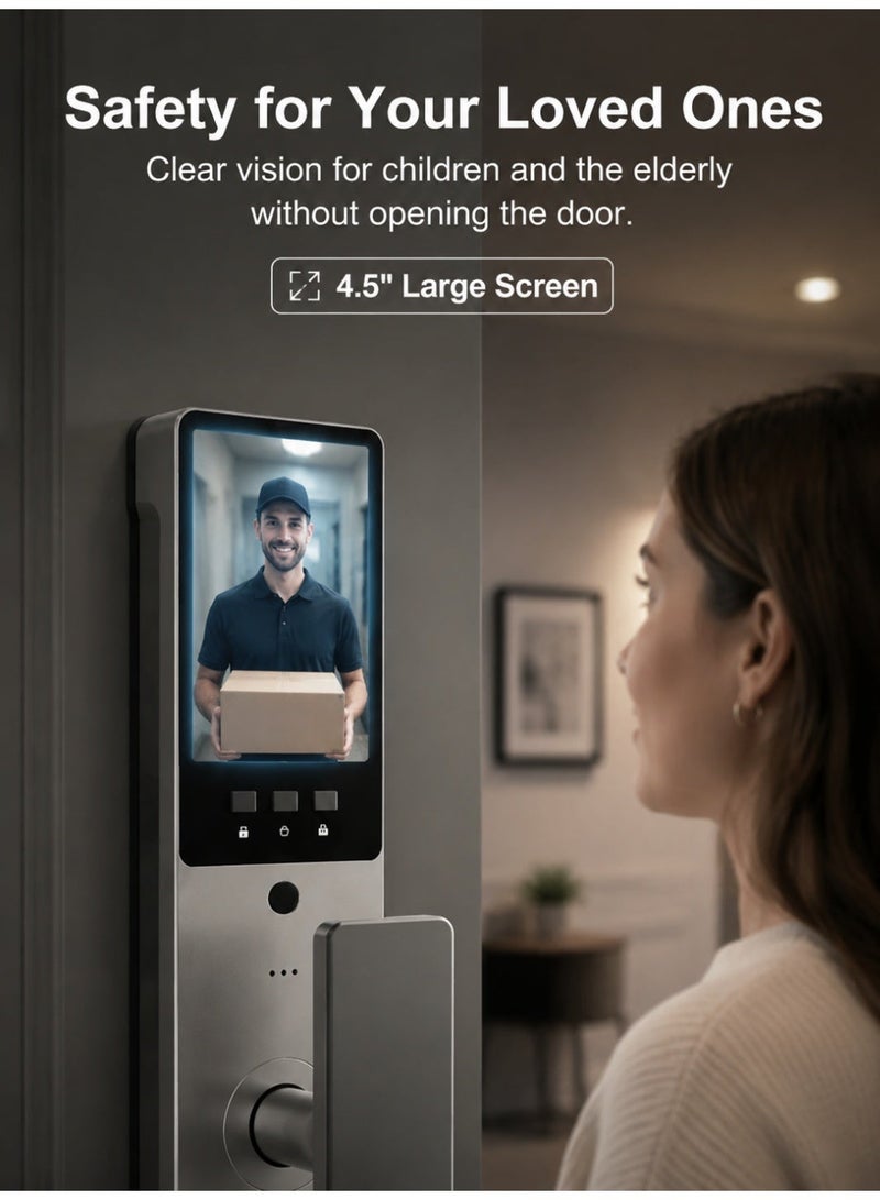 SageLiving Tuya WiFi Smart Door Lock 3D Face Palm Vein Fingerprint, 4.5" Screen Video Intercom Camera, CNC Aluminum 8-in-1 Keyless Digital Lock, Anti-Theft Alarm Type-C Emergency Charge, 6068 Mortise for Home Doors, Gray - Image 5