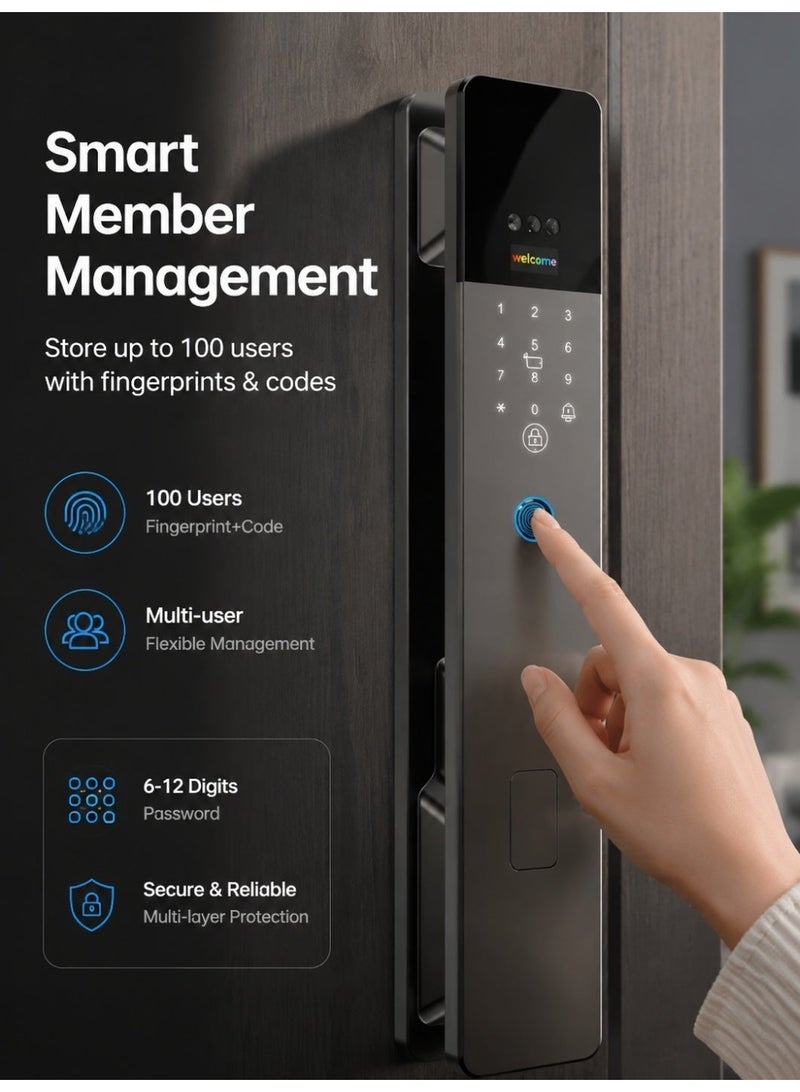 SageLiving Tuya WiFi Smart Door Lock 3D Face Palm Vein Fingerprint, 4.5" Screen Video Intercom Camera, CNC Aluminum 8-in-1 Keyless Digital Lock, Anti-Theft Alarm Type-C Emergency Charge, 6068 Mortise for Home Doors, Gray - Image 3