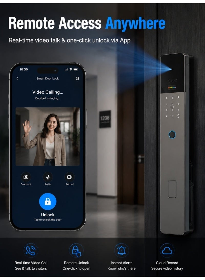 SageLiving Tuya WiFi Smart Door Lock 3D Face Palm Vein Fingerprint, 4.5" Screen Video Intercom Camera, CNC Aluminum 8-in-1 Keyless Digital Lock, Anti-Theft Alarm Type-C Emergency Charge, 6068 Mortise for Home Doors, Gray - Image 4