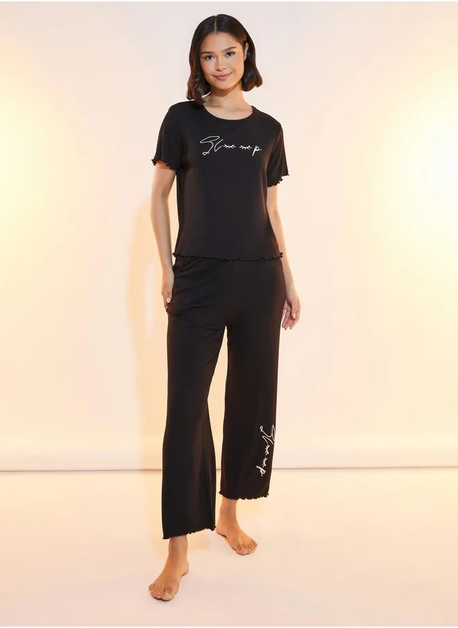 Take Two Embroidered Slogan Round Neck T-Shirt & Trousers Pyjama Set