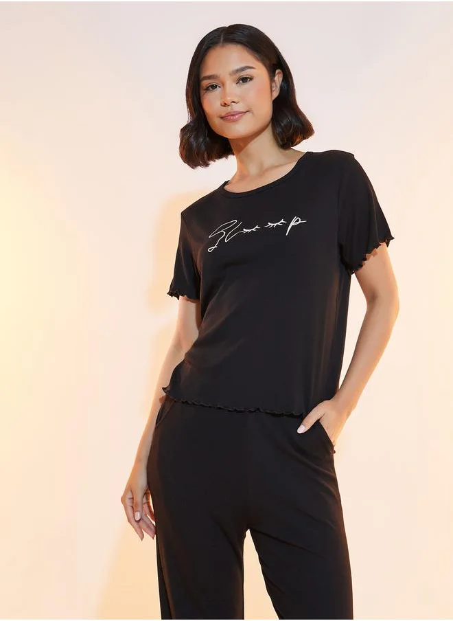 Take Two Embroidered Slogan Round Neck T-Shirt & Trousers Pyjama Set