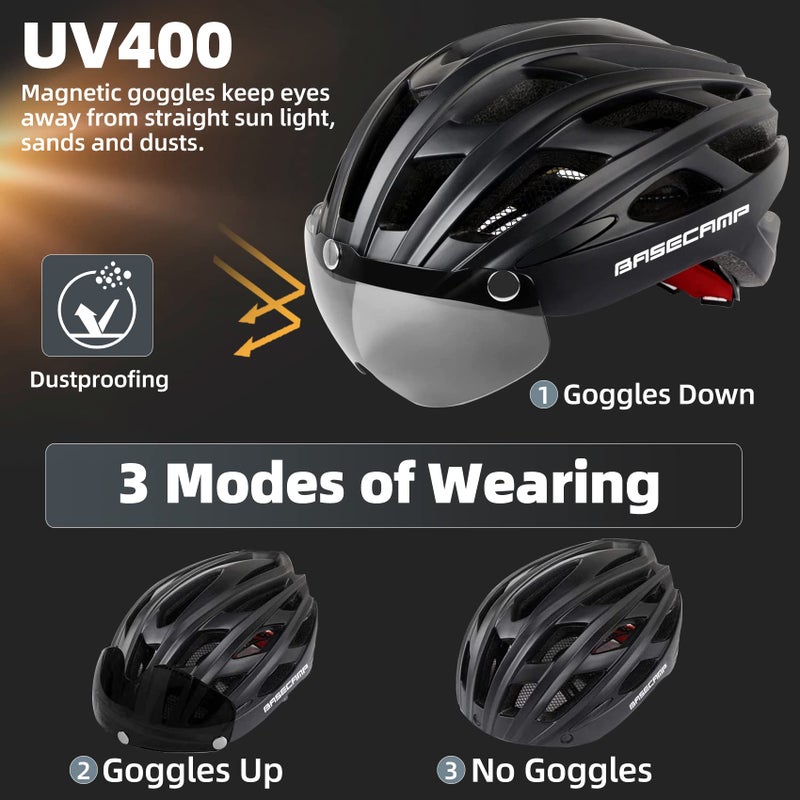 BASECAMP Bike Helmet, Basecamp Bicycle Helmet with Rear Light & Detachable Magnetic Goggles Lightweight Cycling Helmet Adjustable for Adult Men Women Mountain & Road (BC-069) - Image 2
