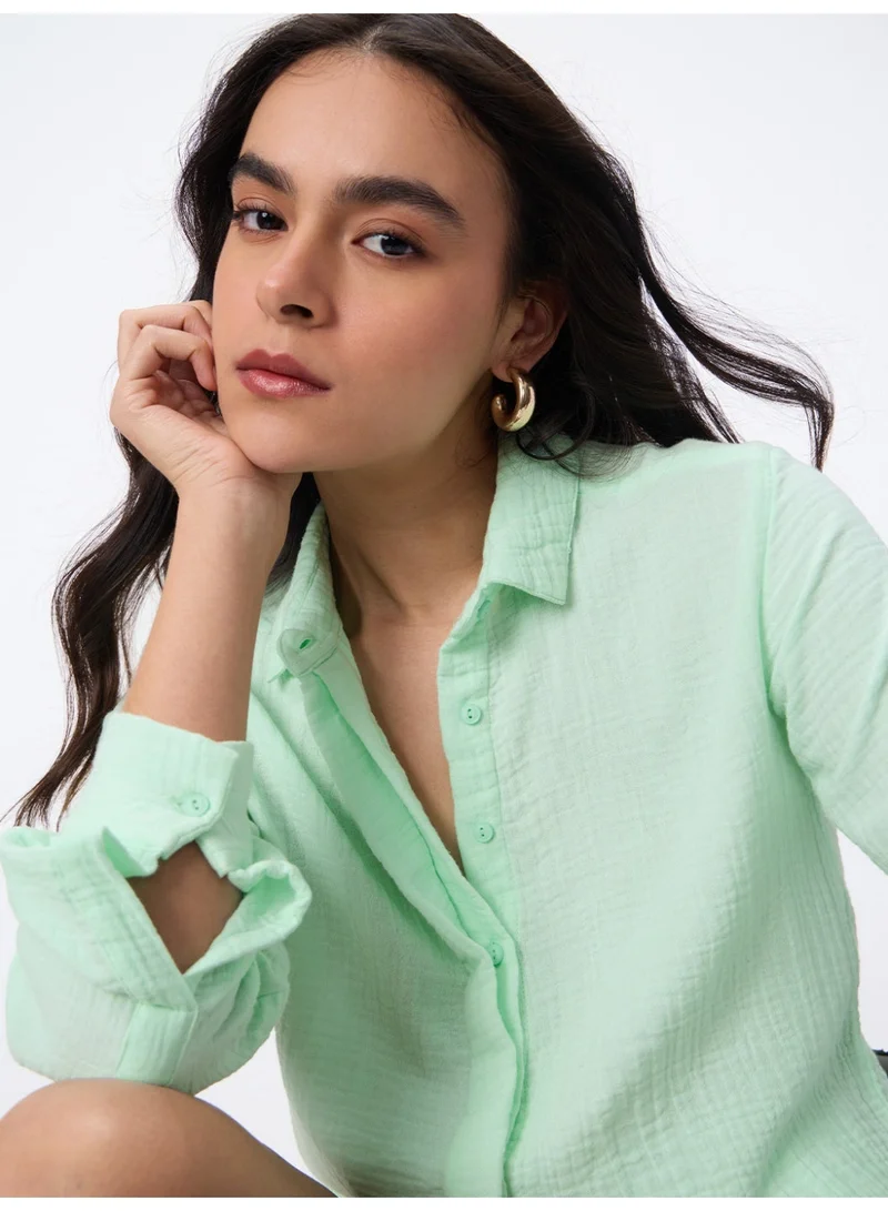 The Souled Store  The Souled Store Textured Shirt: Applemint Women and Girls Full Sleeves Spread Collar Mint Green Solid Cotton Regular Fit Lightweight All-Season Shirt for Casual Wear  | Best Price UAE