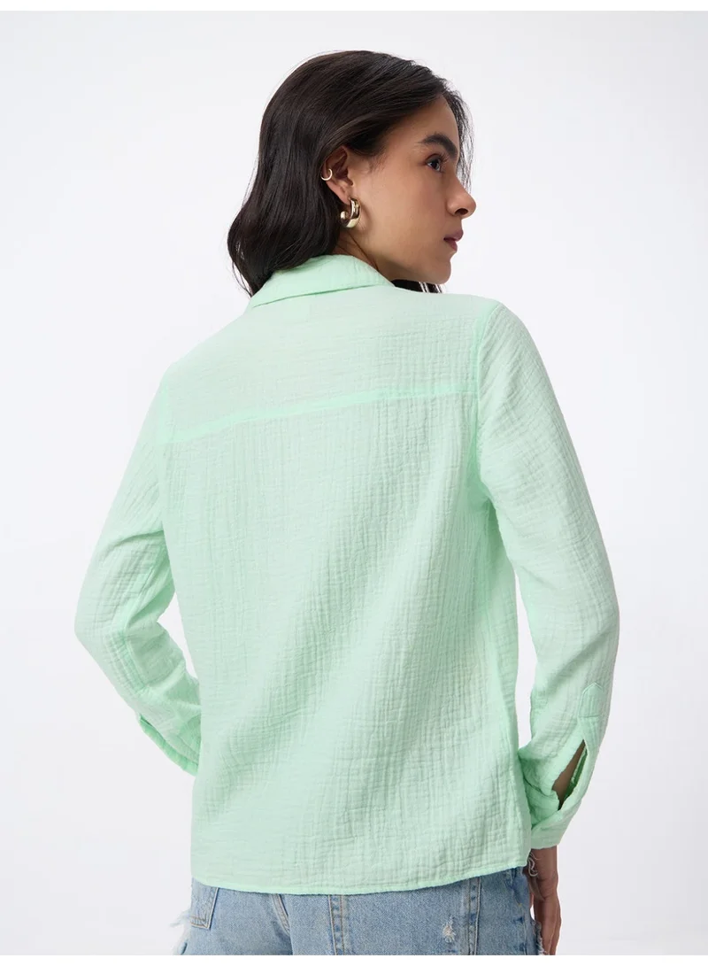 The Souled Store  The Souled Store Textured Shirt: Applemint Women and Girls Full Sleeves Spread Collar Mint Green Solid Cotton Regular Fit Lightweight All-Season Shirt for Casual Wear  | Best Price UAE