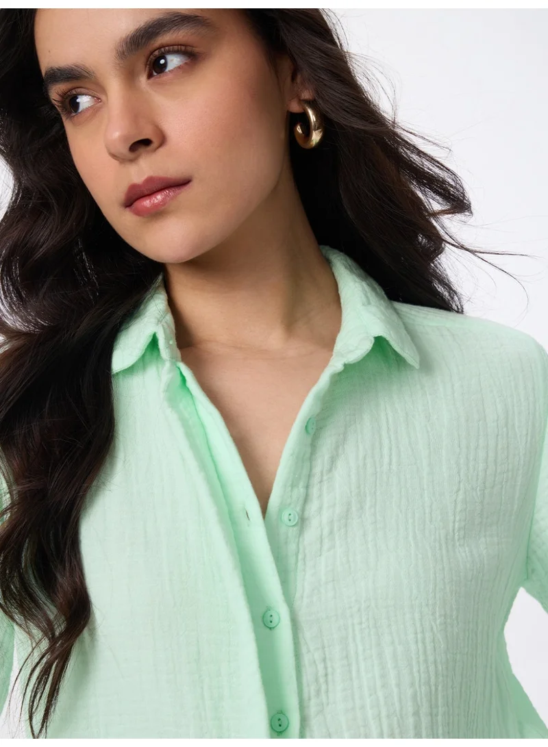 The Souled Store  The Souled Store Textured Shirt: Applemint Women and Girls Full Sleeves Spread Collar Mint Green Solid Cotton Regular Fit Lightweight All-Season Shirt for Casual Wear  | Best Price UAE
