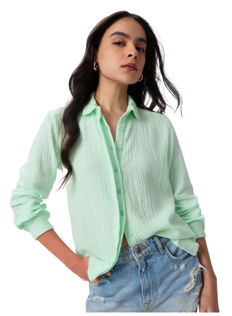 The Souled Store The Souled Store Textured Shirt: Applemint Women and Girls Full Sleeves Spread Collar Mint Green Solid Cotton Regular Fit Lightweight All-Season Shirt for Casual Wear