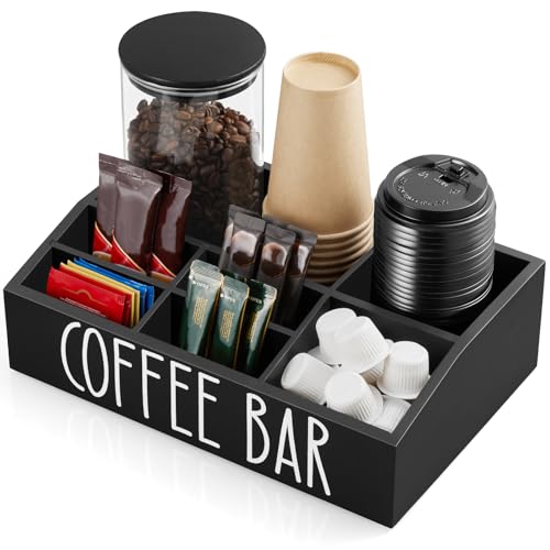ALELION Coffee Station Organizer for Countertop - 7 Compartments Coffee Bar Accessories and Organizer with Removable Dividers - Black Coffee and Tea Condiment Organizer - Image 1