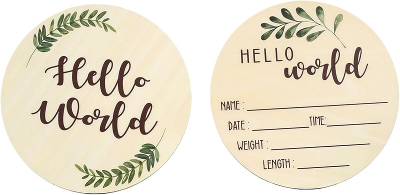 Al Raied ARS® Birth Announcement Wooden Plaque Set - Double-Sided Hello World Newborn Photo Prop - Image 1