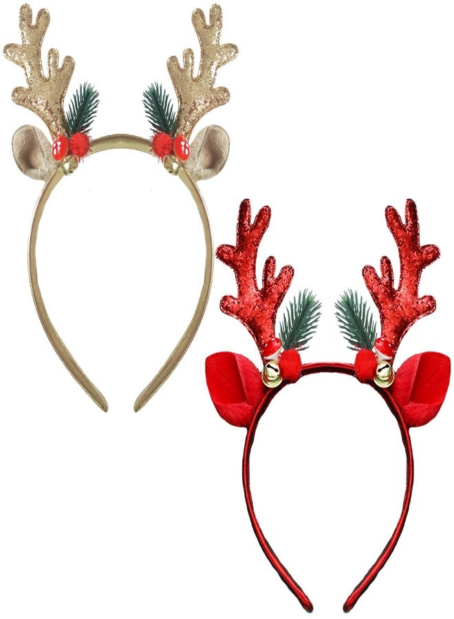 WLBON 2 Pcs Christmas Reindeer Antlers Headband Deer Antlers Ears Hair Hoops Bands Elk Horns Headpiece Hairband Women Xmas Tree Bells Cosplay Dress Up Halloween Wedding Holiday Birthday Party Accessories - Image 1
