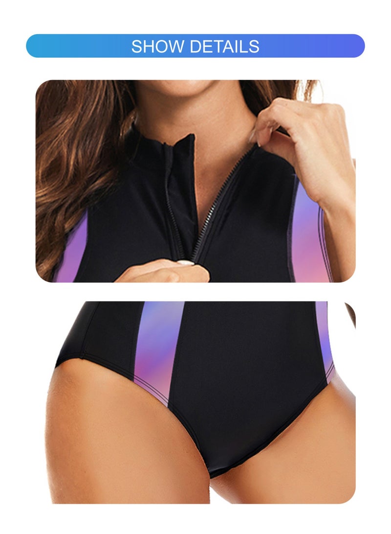 VENTRA Women Sleeveless One Piece Triangle Swimsuit, Front Zip Stand Collar UV Protection Racing Swimwear - Image 2