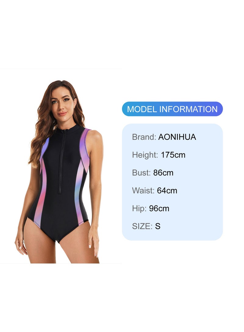 VENTRA Women Sleeveless One Piece Triangle Swimsuit, Front Zip Stand Collar UV Protection Racing Swimwear - Image 3