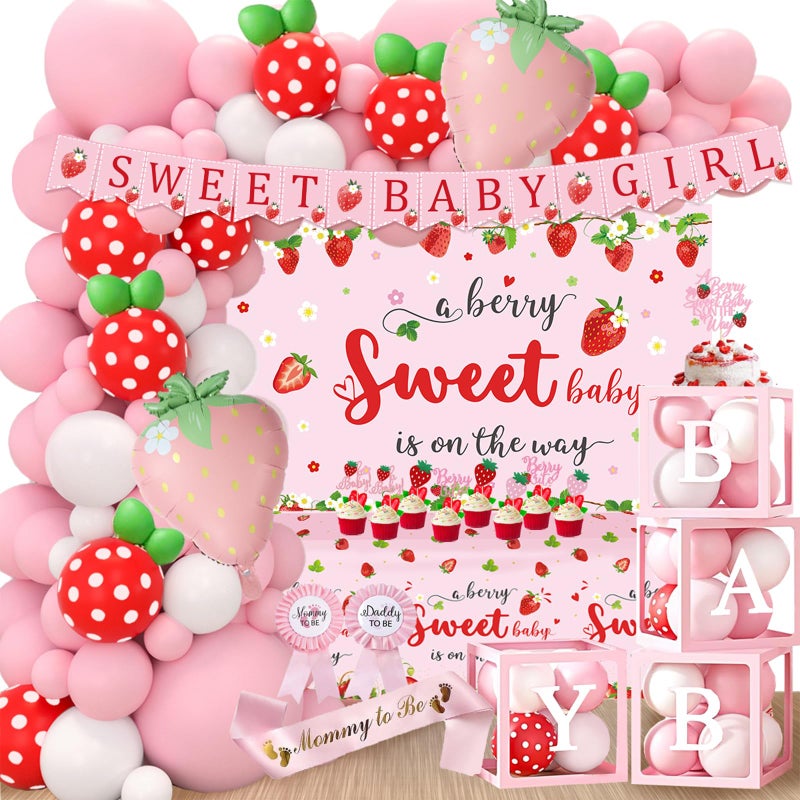 FengRise Strawberry Baby Shower Decorations, A Berry Sweet Baby Is On The Way Decorations for Girl, It's a Girl Gender Reveal, Red and Pink Backdrop Balloon Arch Box Tablecloth Cake Topper Party Decor 141pcs - Image 1