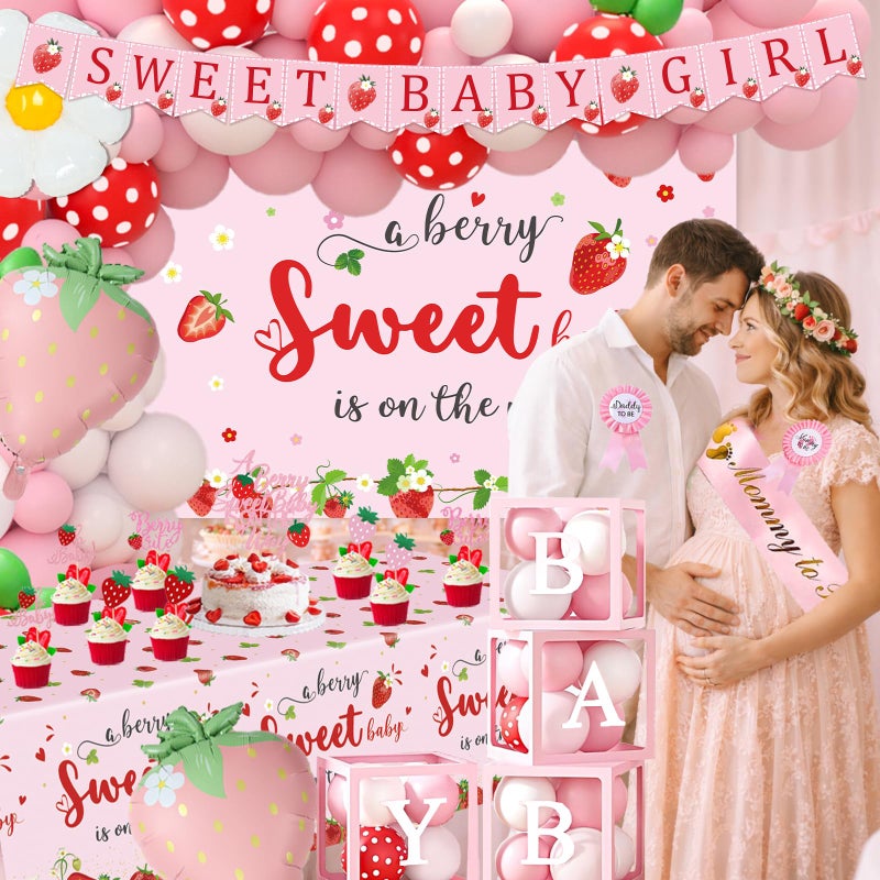 FengRise Strawberry Baby Shower Decorations, A Berry Sweet Baby Is On The Way Decorations for Girl, It's a Girl Gender Reveal, Red and Pink Backdrop Balloon Arch Box Tablecloth Cake Topper Party Decor 141pcs - Image 2