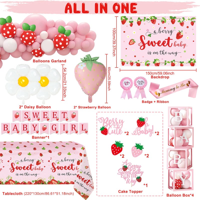 FengRise Strawberry Baby Shower Decorations, A Berry Sweet Baby Is On The Way Decorations for Girl, It's a Girl Gender Reveal, Red and Pink Backdrop Balloon Arch Box Tablecloth Cake Topper Party Decor 141pcs - Image 4