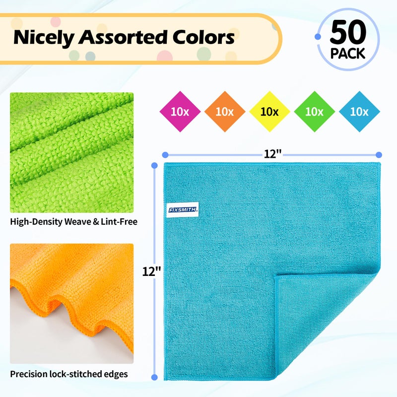FIXSMITH Microfiber Cleaning Cloth, 50 Pack Cleaning Rags, Cleaning Towels for Housekeeping, Kitchen, Car, Lint-Free, Reusable Shop Towels with 5 Colors (Green/Blue/Yellow/Orange/Pink), 12"X12" - Image 2