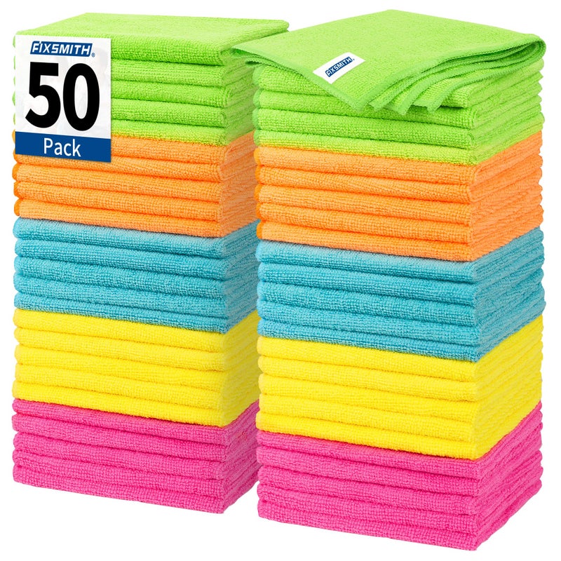 FIXSMITH Microfiber Cleaning Cloth, 50 Pack Cleaning Rags, Cleaning Towels for Housekeeping, Kitchen, Car, Lint-Free, Reusable Shop Towels with 5 Colors (Green/Blue/Yellow/Orange/Pink), 12"X12" - Image 1