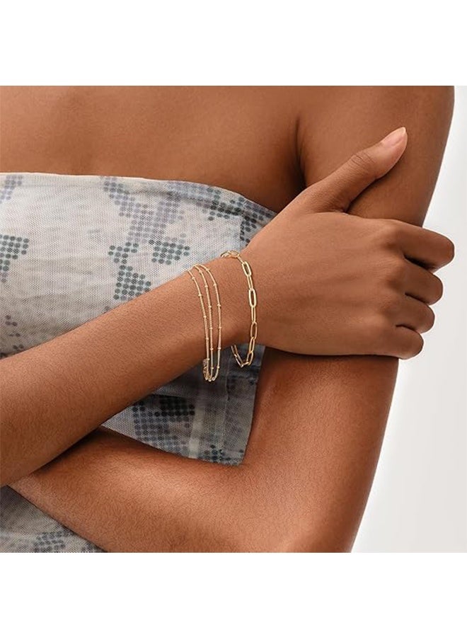 سوار للنساء مطلي بالذهب عيار 14 قيراط بسلسلة رقيقة، مجوهرات بسيطة لطيفة مصنوعة يدويًا ومينيمالية لها، سوار سلسلة ذهبية. - Image 3