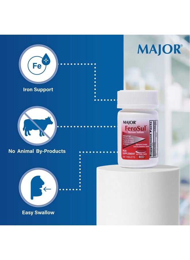 Major Ferosul - Ferrous Sulfate 325mg Tablets with 65mg of Elemental Iron - Iron Supplement for Women, Men - Red - 100 Count - Image 4
