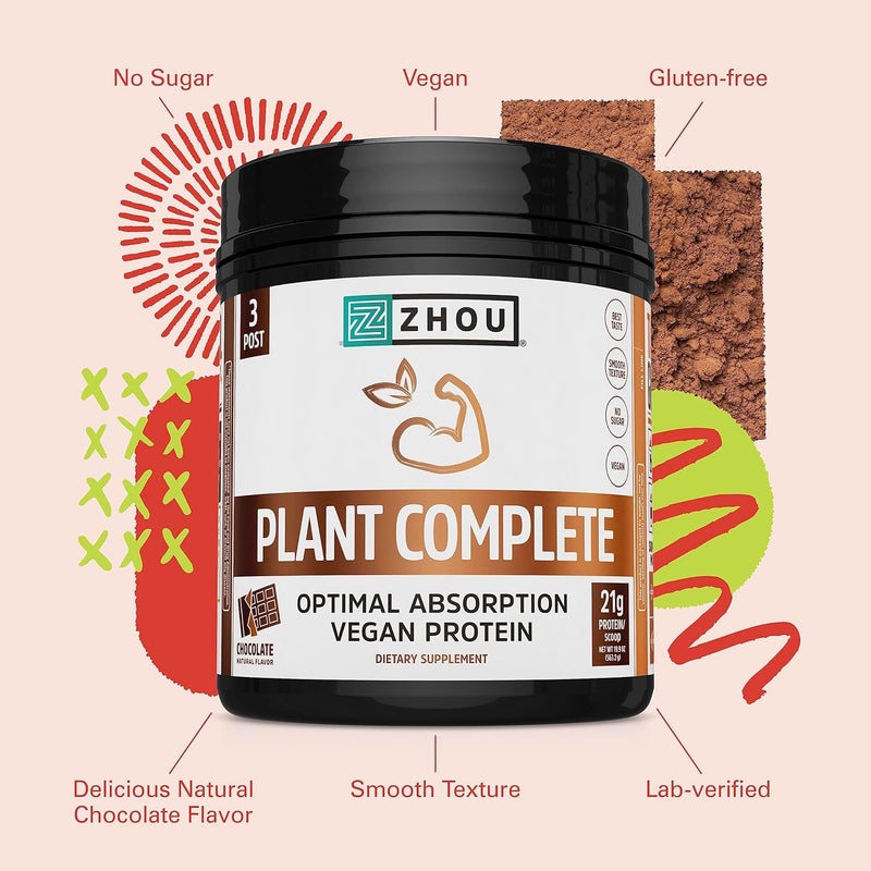 Zhou Plant Complete Vegan Protein Powder  Plant Based Protein Powder for Women  Men Non Dairy Rice  Pea Blend for Smoothies  Shakes 21g Protein Per Serving  Chocolate 177oz 16 Servings - Image 4
