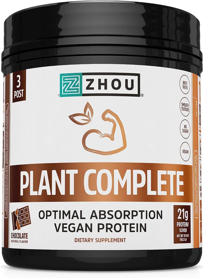 Zhou Plant Complete Vegan Protein Powder  Plant Based Protein Powder for Women  Men Non Dairy Rice  Pea Blend for Smoothies  Shakes 21g Protein Per Serving  Chocolate 177oz 16 Servings - Image 1