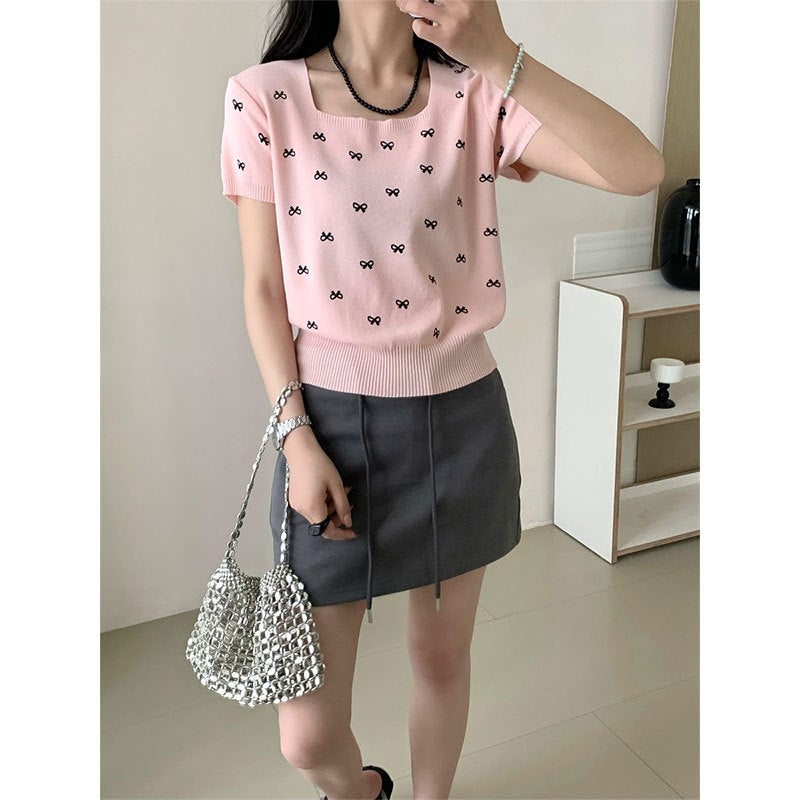 Plus Size Chubby Girl Square Collar Bow Knitted Short-Sleeved T-Shirt Arrival French Style Age-Reducing Top For Women - Image 5