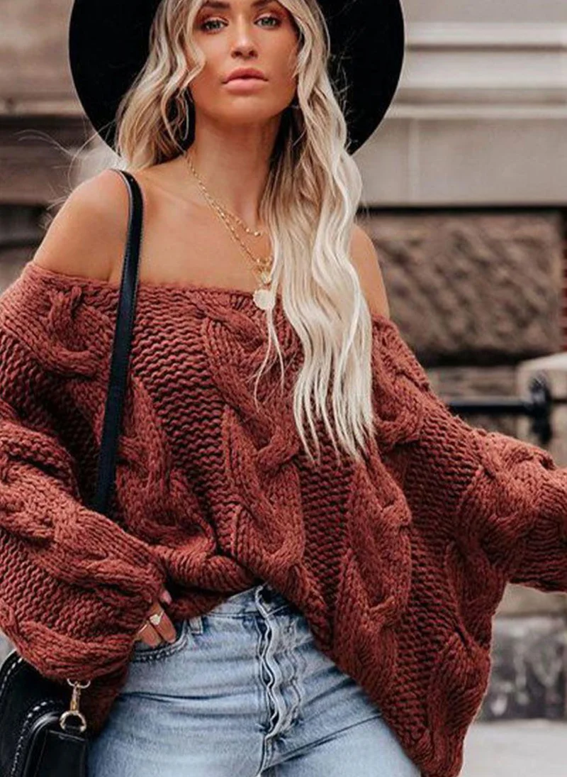 يونيكي Brown  Cable Knit Off-Shoulder Pullover