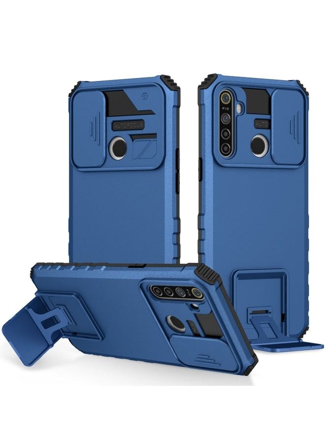 HuHa غطاء لحالة هاتف Realme 5 / 5i / C3 مع حامل ثلاثي الأبعاد وقاعدة منزلقة بلون أزرق 