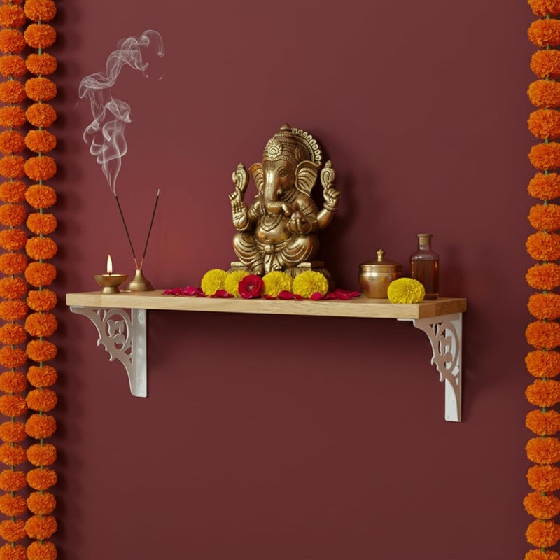 Spillbox معبد بويا المنزلي الخشبي | رف معدني أبيض | قابل للتعليق على الحائط | تجميع سهل بالبراغي | معبد منزلي لغرفة البوجا | حامل بوجا | معبد - زهور فردية (صغيرة بيضاء) - Image 1