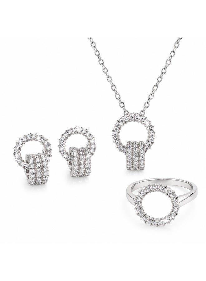 Nevara An elegant women's jewelry set featuring a necklace, earrings, and a ring with a circular design studded with sparkling crystals, offering a sophisticated, modern look suitable for special occasions, evening events, and everyday wear. - Image 1