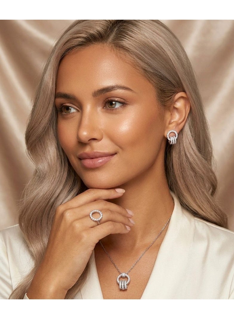 Nevara An elegant women's jewelry set featuring a necklace, earrings, and a ring with a circular design studded with sparkling crystals, offering a sophisticated, modern look suitable for special occasions, evening events, and everyday wear. - Image 3