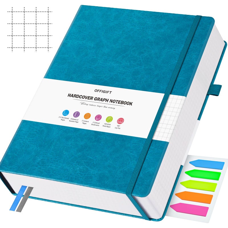 OFFIGIFT Graph Paper Notebook, 312 Numbered Pages Large A5 Hardcover Leather Journal, 100gsm No Bleed Grid Paper Notebook with Index Pages, Grid Notebook for Graphing Notes Math, 5.75" x 8.38", Blue - Image 1