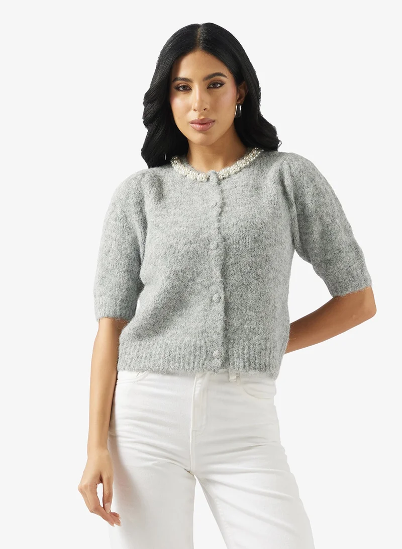 فيرو مودا كارديجان بياقة دائرية مزين بالمجوهرات