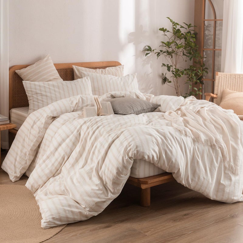 BESTOUCH Duvet Cover Set 100% Washed Cotton Linen Feel Super Soft Comfortable Chic Lightweight 3 PCs Home Bedding Set White & Almond Grey Stripes King - Image 4