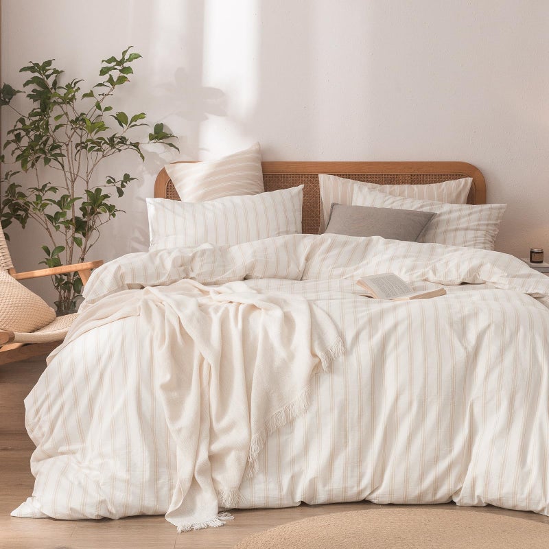 BESTOUCH Duvet Cover Set 100% Washed Cotton Linen Feel Super Soft Comfortable Chic Lightweight 3 PCs Home Bedding Set White & Almond Grey Stripes King - Image 1