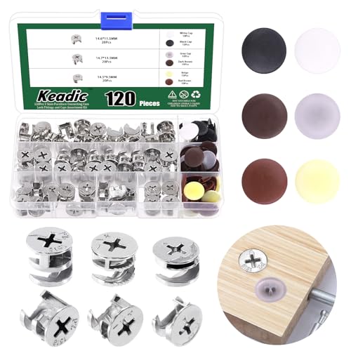 Keadic 120Pcs Furniture Connecting Cam Lock Fittings Assortment Kit with Plastic Screw Cover Caps, Joint Connector Nut Cabinet Connectors Hardware Bolts for Wardrobe Drawer Closets Bed - Image 1