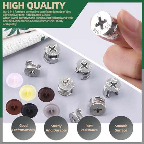 Keadic 120Pcs Furniture Connecting Cam Lock Fittings Assortment Kit with Plastic Screw Cover Caps, Joint Connector Nut Cabinet Connectors Hardware Bolts for Wardrobe Drawer Closets Bed - Image 3