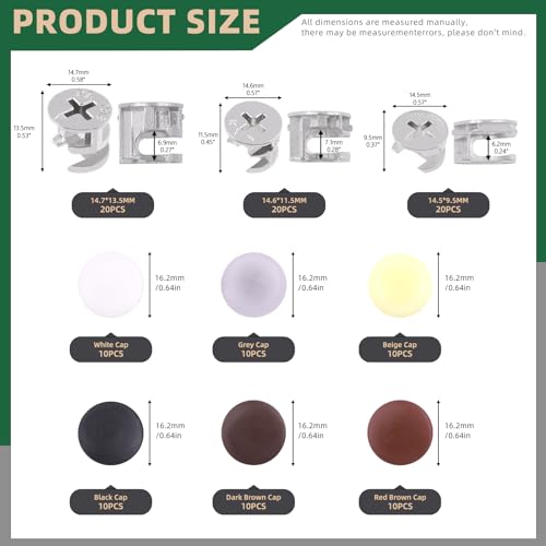 Keadic 120Pcs Furniture Connecting Cam Lock Fittings Assortment Kit with Plastic Screw Cover Caps, Joint Connector Nut Cabinet Connectors Hardware Bolts for Wardrobe Drawer Closets Bed - Image 2