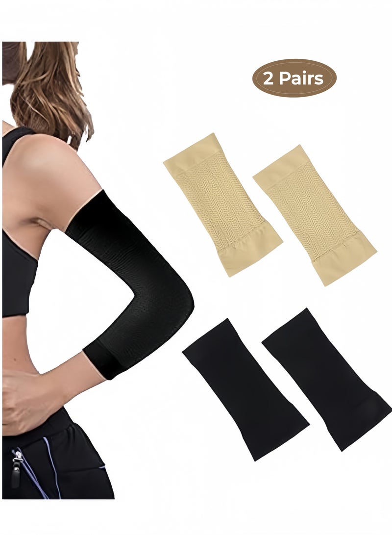 زوجان من أكمام الذراع العلوية من الأكريليك لتنحيف الذراعين، أكمام تغطية وشم لتدريبات الذراع للنساء، أكمام تغطية وشم لتدريبات اللياقة البدنية الرياضية للنساء (أسود ولون البشرة) - Image 1