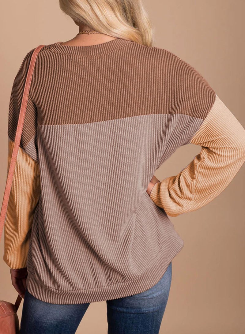 Dokotoo Womens Pullover Spring Tops for Women Ladies Crewneck Long Sleeve Shirts Colorblock Tunics Blouses Summer Casual Loose Fit Tops Cute Fashion Knit Tops Vacation Outfits 2026 Camel Medium - Image 2