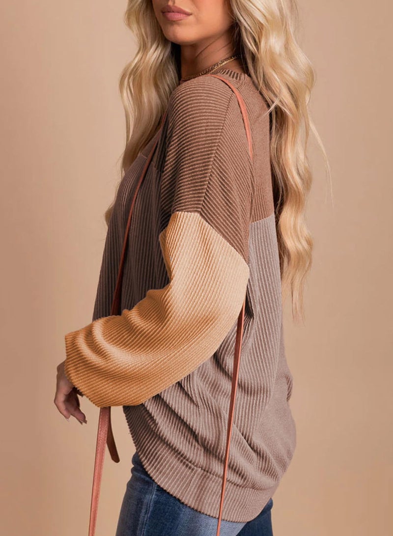Dokotoo Womens Pullover Spring Tops for Women Ladies Crewneck Long Sleeve Shirts Colorblock Tunics Blouses Summer Casual Loose Fit Tops Cute Fashion Knit Tops Vacation Outfits 2026 Camel Medium - Image 3