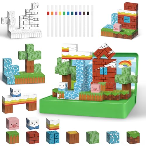 Intoypad Magnetic Blocks Painting Travel Toys for Kids 48PCS Magnetic Building Blocks with 12 Paint Pens Iron Box Craft Kits Magnet Blocks Cube Set Birthday Gifts for Boys Girls Road Trip Car Games - Image 1
