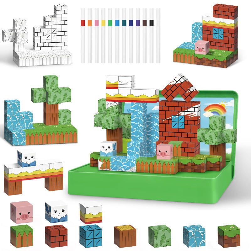 Intoypad Magnetic Blocks Painting Travel Toys for Kids 48PCS Magnetic Building Blocks with 12 Paint Pens Iron Box Craft Kits Magnet Blocks Cube Set Birthday Gifts for Boys Girls Road Trip Car Games - Image 3