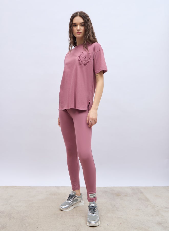 Styli Embossed Detail Round Neck T-Shirt and Leggings Co-Ords  - Image 3