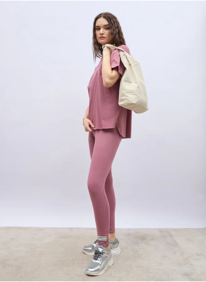 Styli Embossed Detail Round Neck T-Shirt and Leggings Co-Ords