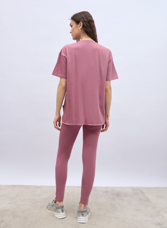 Styli Embossed Detail Round Neck T-Shirt and Leggings Co-Ords  - Image 5
