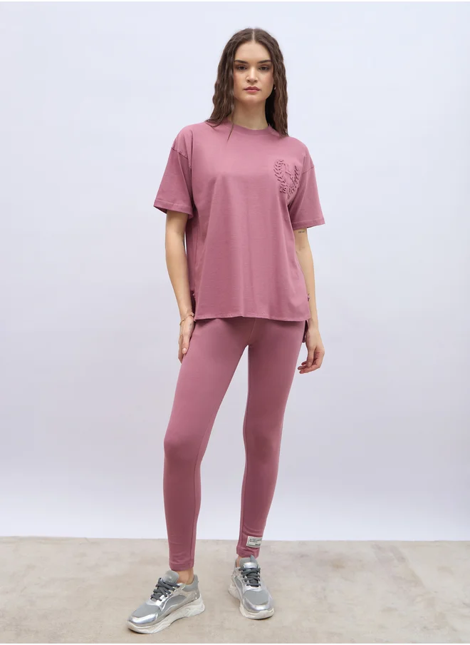 Styli Embossed Detail Round Neck T-Shirt and Leggings Co-Ords