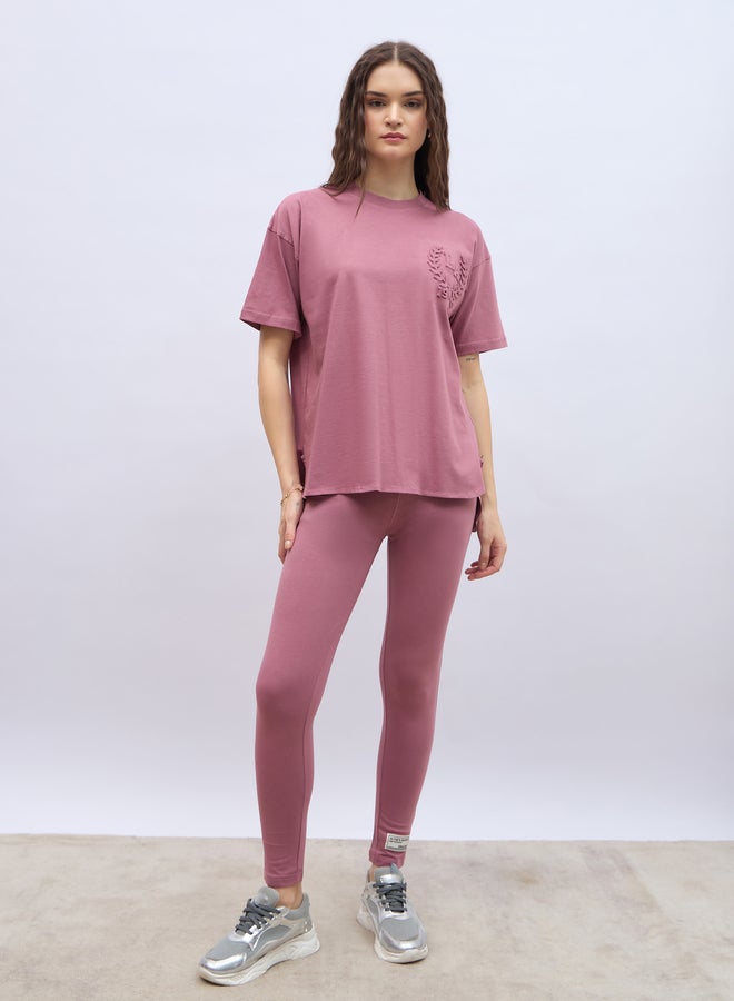 Styli Embossed Detail Round Neck T-Shirt and Leggings Co-Ords  - Image 2