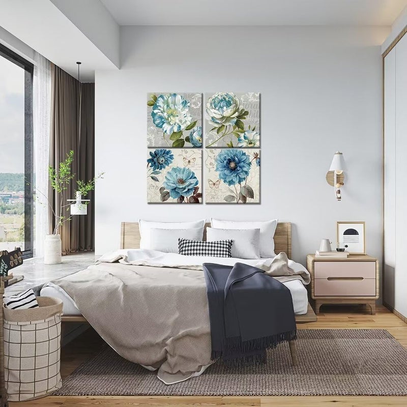 Wall HDQ Blue Flower Wall Art Gray Wall Decor Peony Rose Floral Butterfly Painting for Bathroom Living Room Bedroom Home Decor Abstract Canvas Print Picture Ready to Hang (10''x10'' x4Pcs) - Image 4