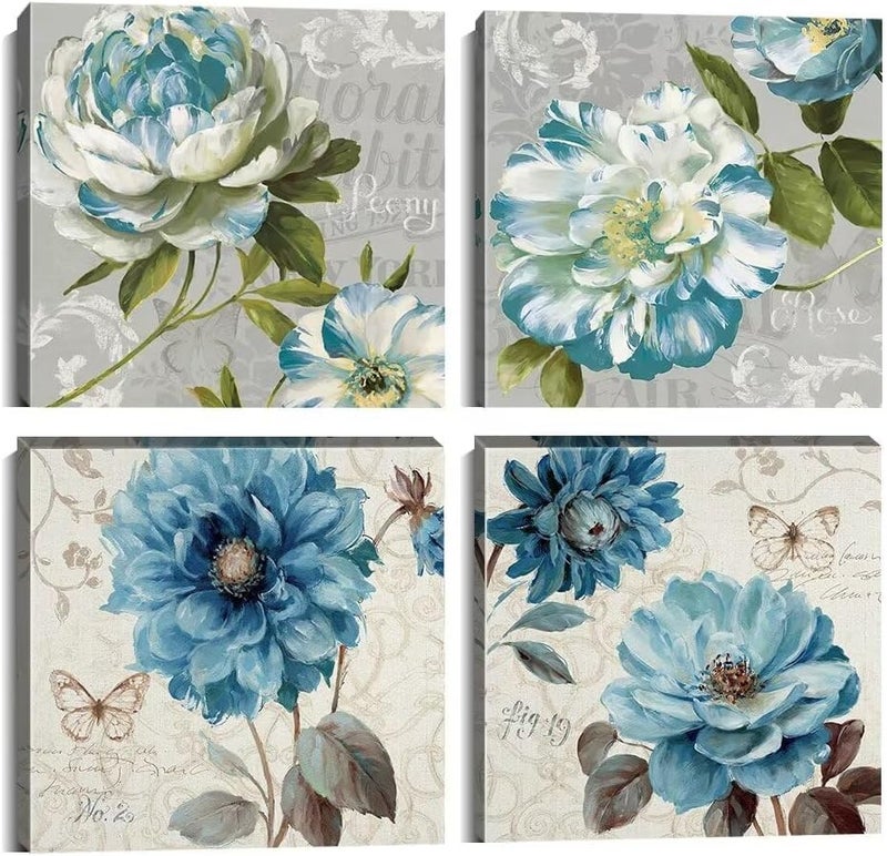 Wall HDQ Blue Flower Wall Art Gray Wall Decor Peony Rose Floral Butterfly Painting for Bathroom Living Room Bedroom Home Decor Abstract Canvas Print Picture Ready to Hang (10''x10'' x4Pcs) - Image 1