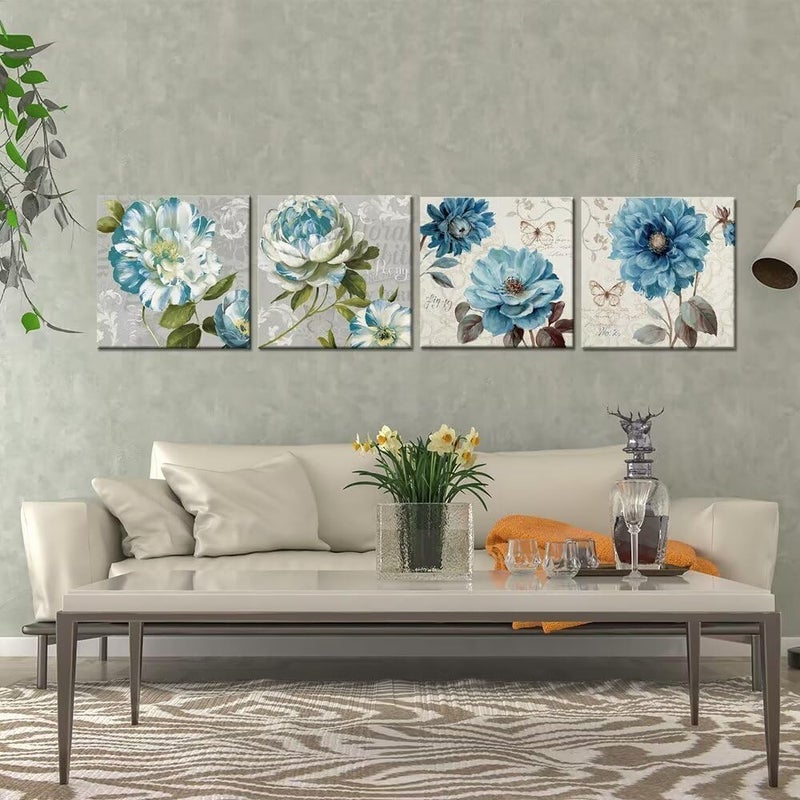 Wall HDQ Blue Flower Wall Art Gray Wall Decor Peony Rose Floral Butterfly Painting for Bathroom Living Room Bedroom Home Decor Abstract Canvas Print Picture Ready to Hang (10''x10'' x4Pcs) - Image 3